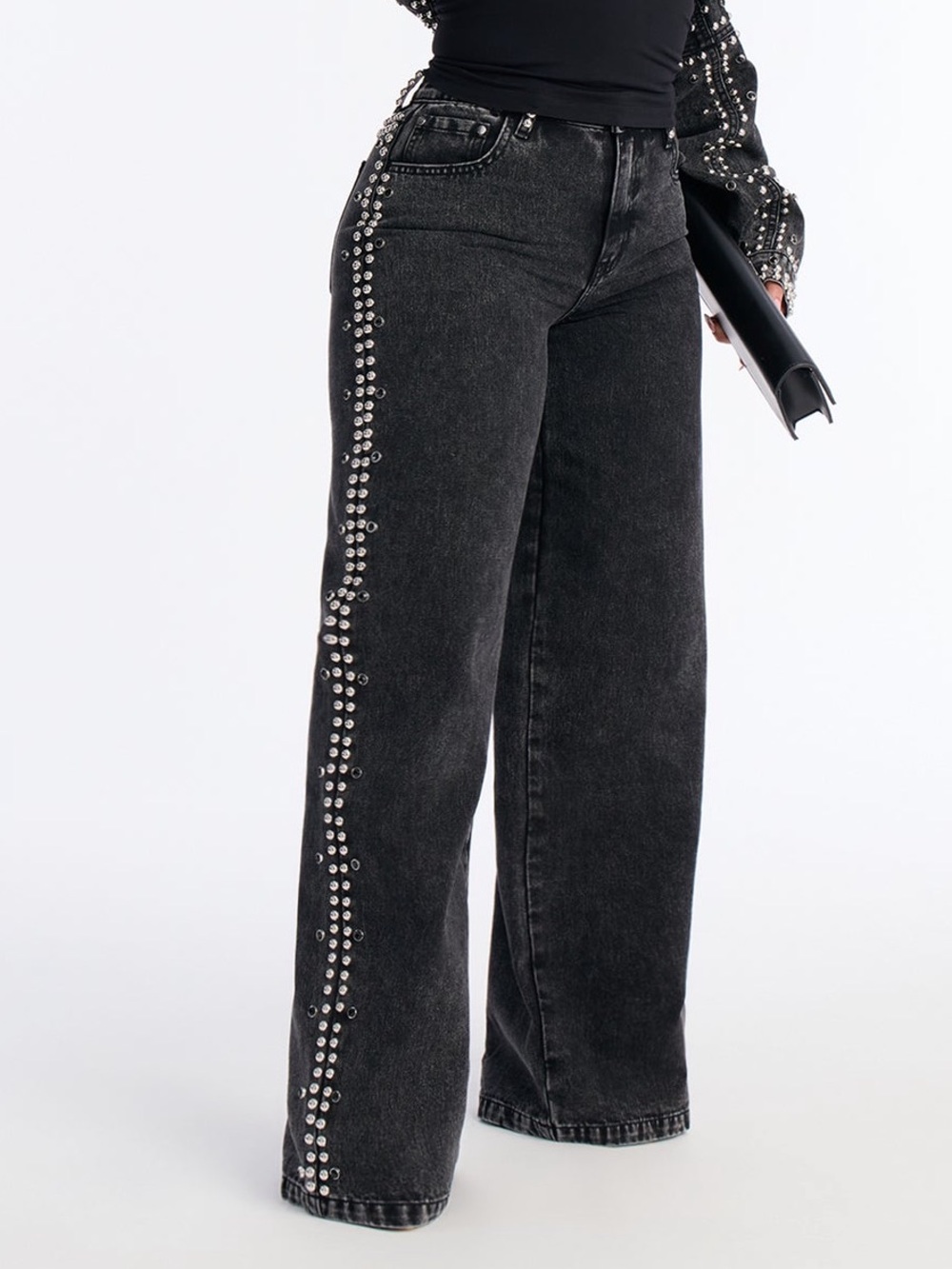 Fashion Nova Stud-Embellished Wide Leg Jeans 5 NWT